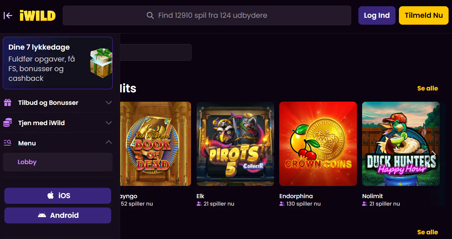 iWild Casino-brugerflade med menustruktur og elementer fra spiloversigten